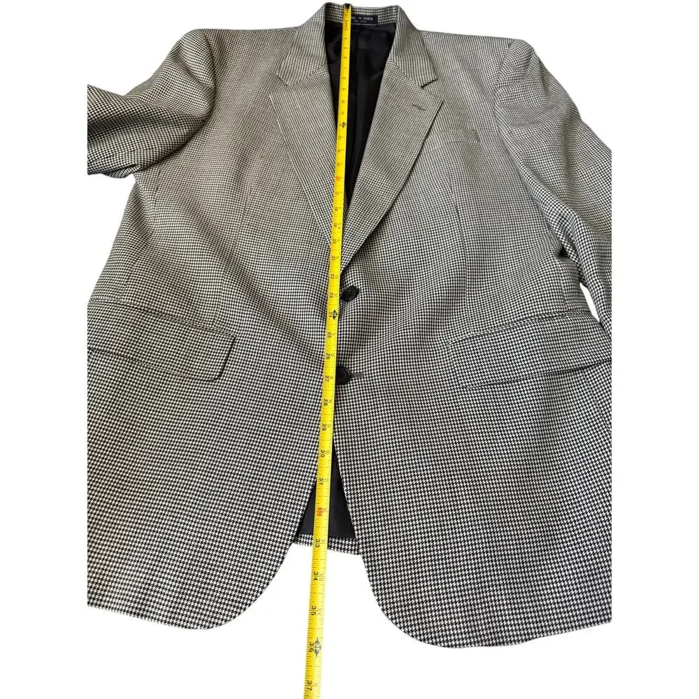 Vintage Macy’s Men’s Wool Blazer Jacket – Black & White Houndstooth – Size 44L